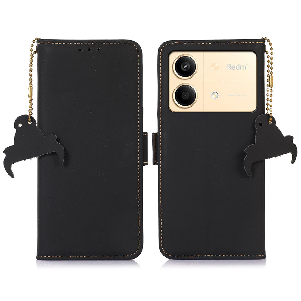 For Xiaomi Redmi Note 13R Pro 5G Genuine Cow Leather Phone Case RFID Blocking - Black For Xiaomi Redmi Note 13R Pro 5G Genuine Cow Leather Phone Case RFID Blocking - Black
